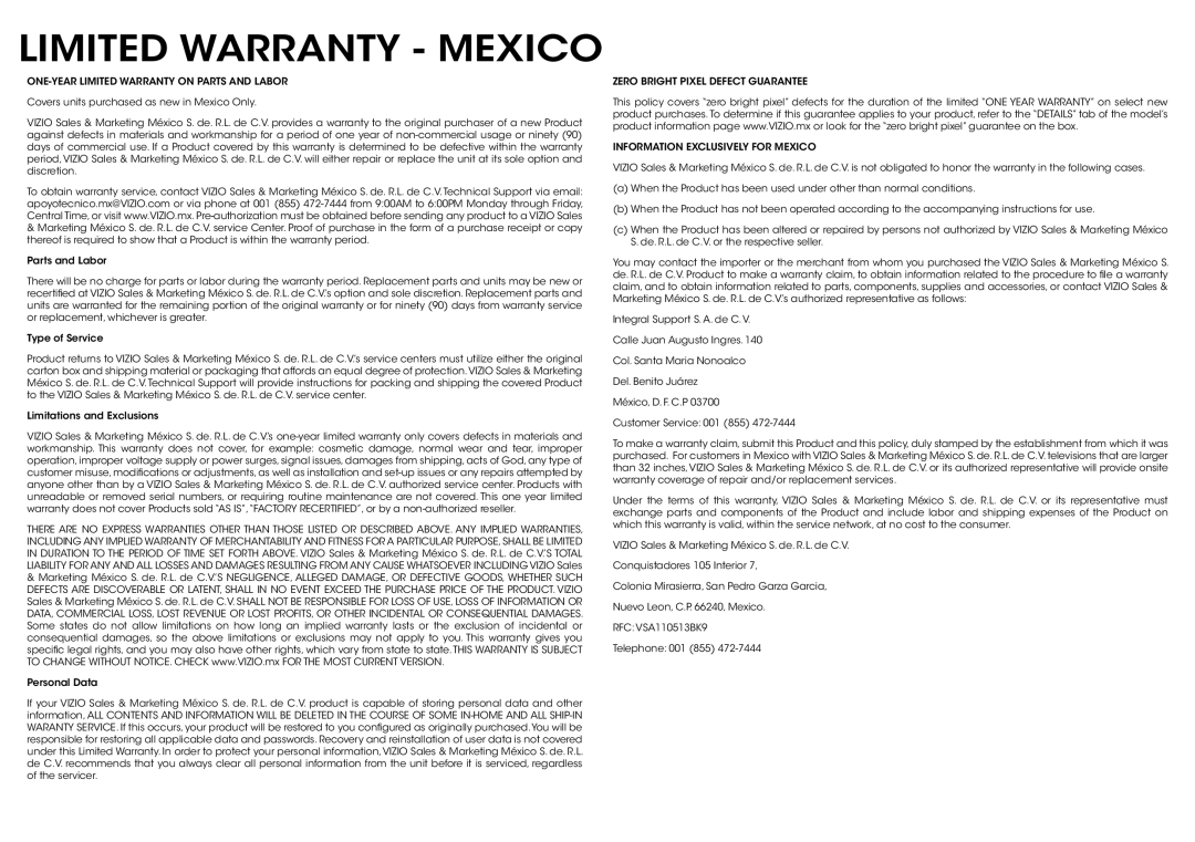 Vizio E600i-B3 & E700i-B3 manual Limited Warranty Mexico 