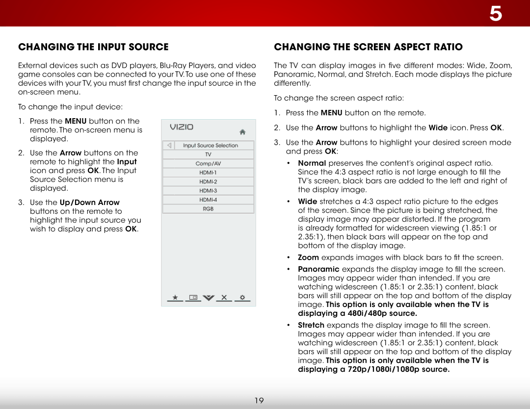 Vizio E601i-A3E user manual Changing the Input Source, Changing the Screen Aspect Ratio 