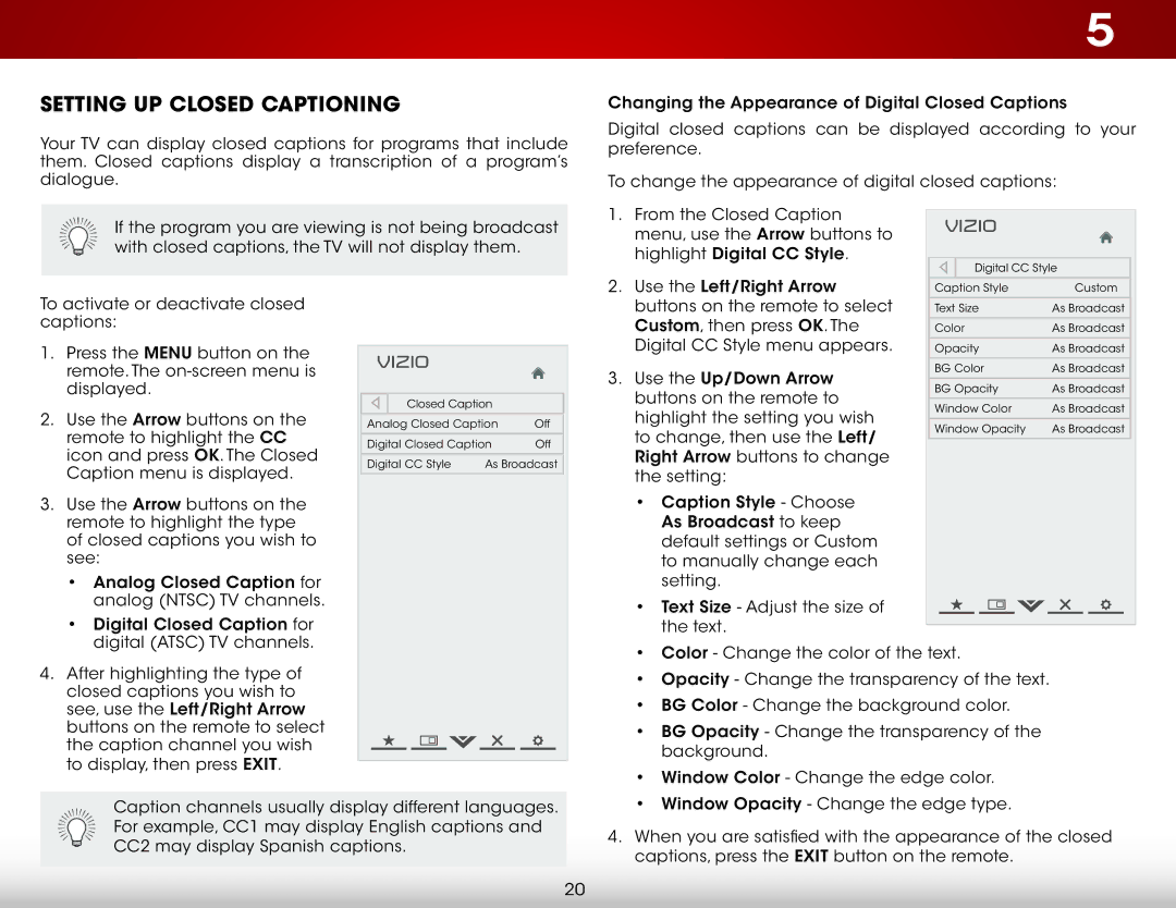 Vizio E601i-A3E user manual Setting Up Closed Captioning 