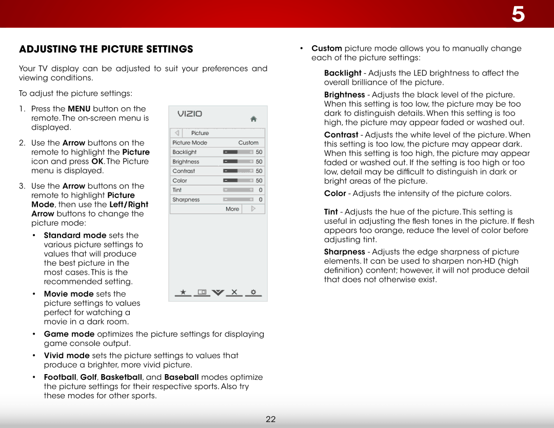 Vizio E601i-A3E user manual Adjusting the Picture Settings 