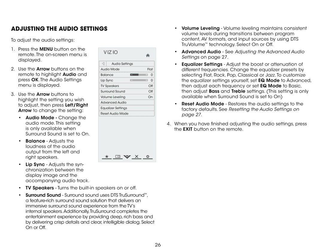 Vizio E601i-A3E user manual Adjusting the Audio Settings, Advanced Audio See Adjusting the Advanced Audio 