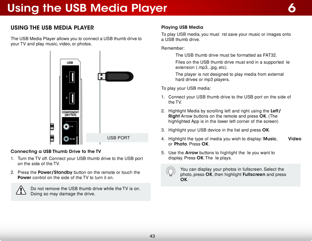 Vizio E601i-A3E user manual Using the USB Media Player, USB Port 