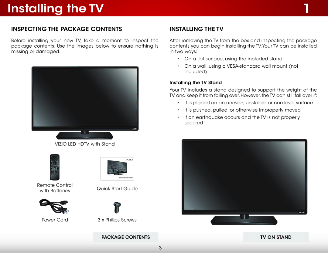 Vizio E601i-A3E user manual Installing the TV, Inspecting the Package Contents 