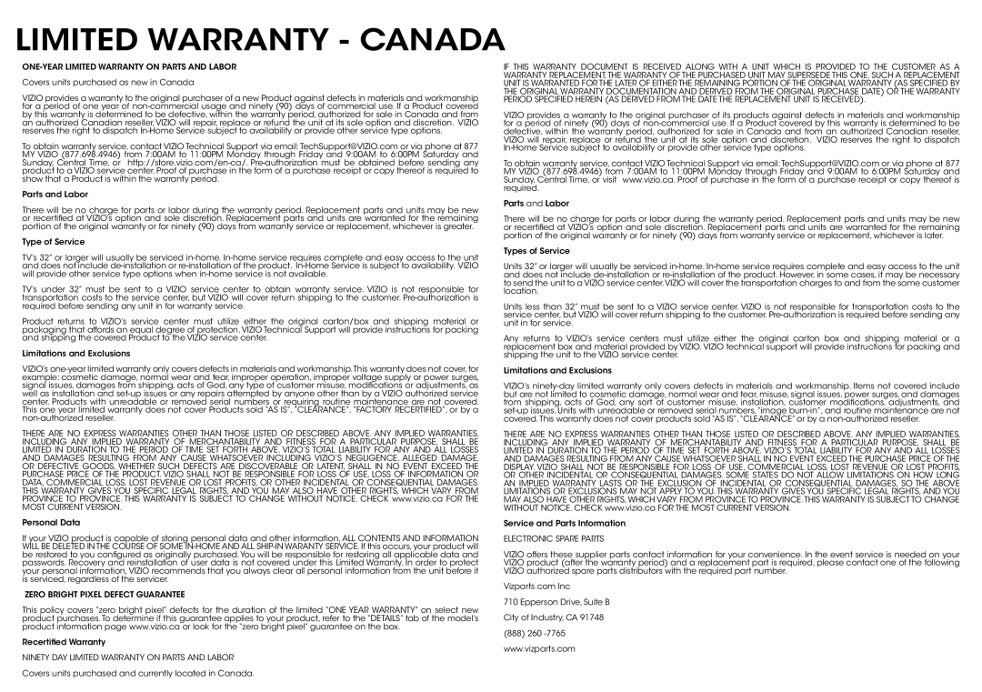 Vizio E650i-B2 manual Limited Warranty Canada, ONE-YEAR Limited Warranty on Parts and Labor 