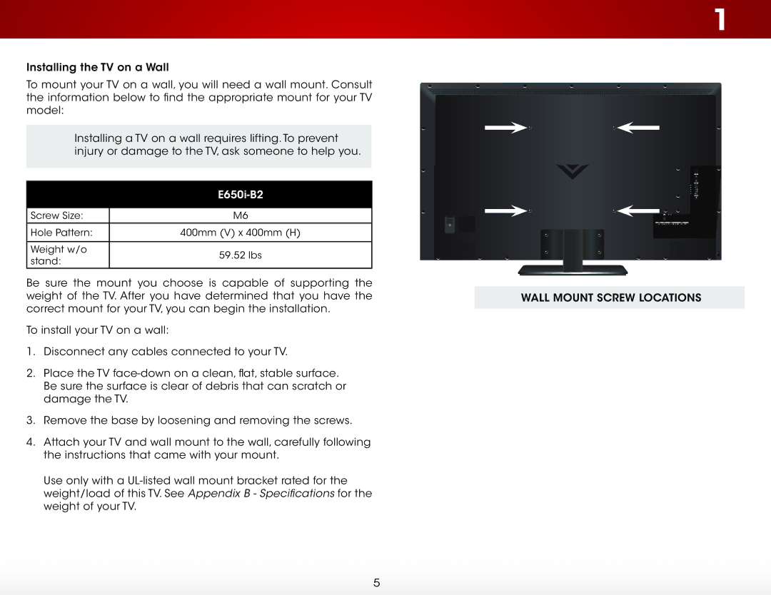 Vizio E650i-B2 user manual Wall Mount Screw Locations 