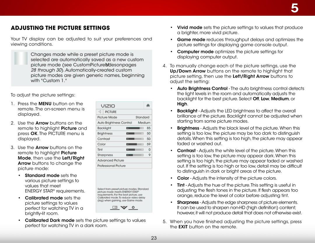 Vizio E650i-B2 user manual Adjusting the Picture Settings 