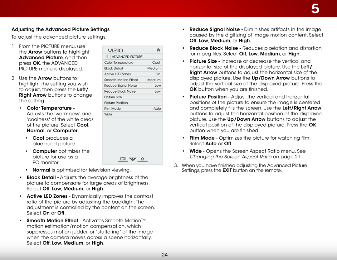 Vizio E650i-B2 user manual Arrow buttons to highlight Advanced Picture, and then 