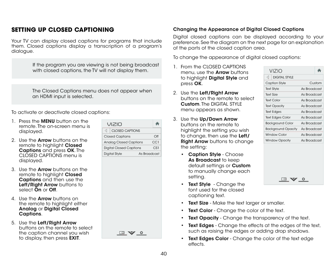 Vizio E650i-B2 user manual Setting UP Closed Captioning 