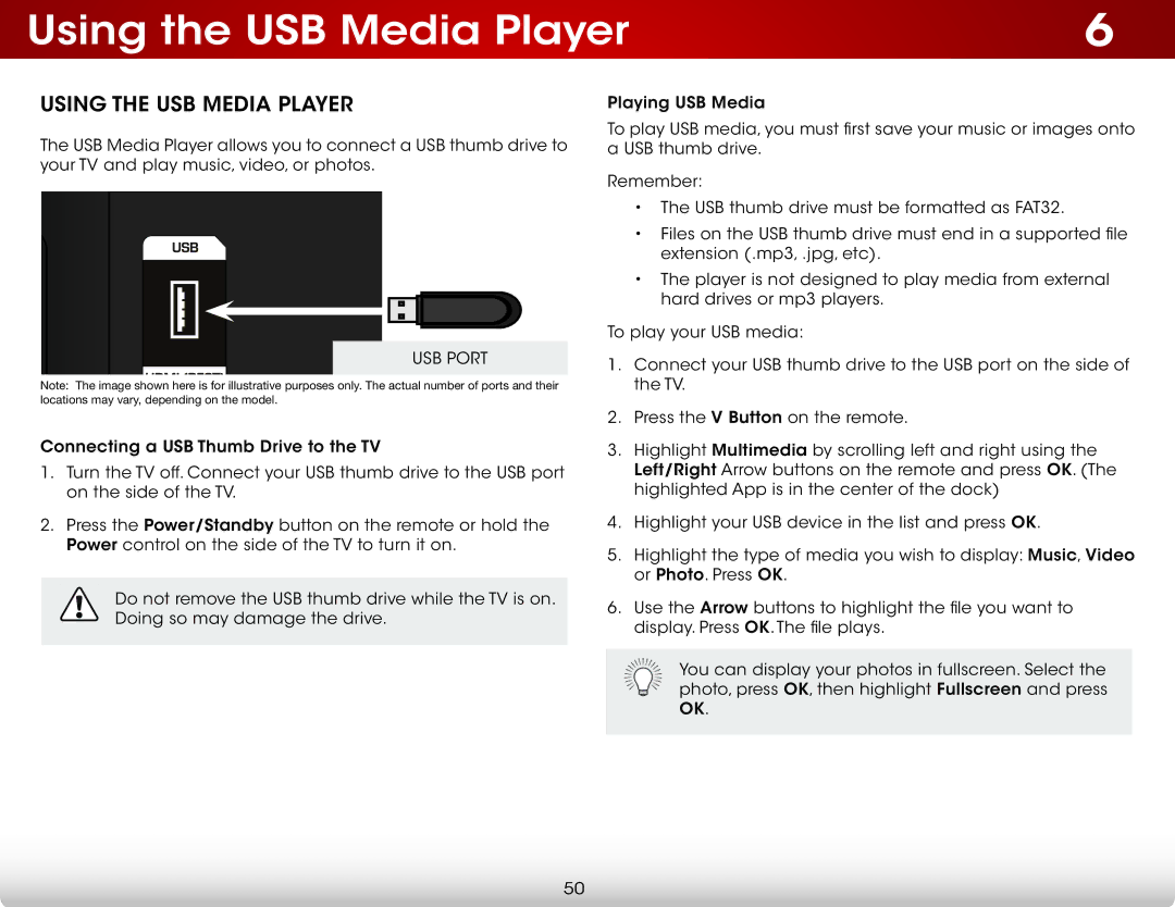 Vizio E650i-B2 user manual Using the USB Media Player 