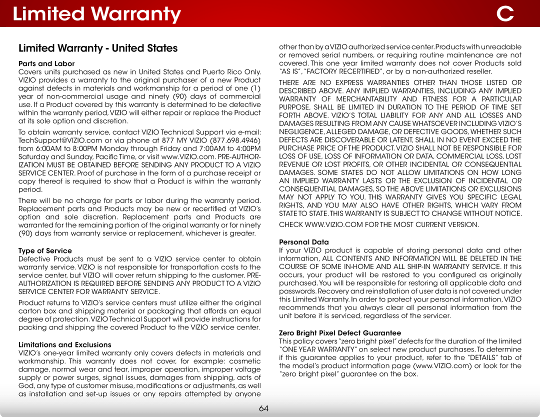 Vizio E650i-B2 user manual Limited Warranty United States 