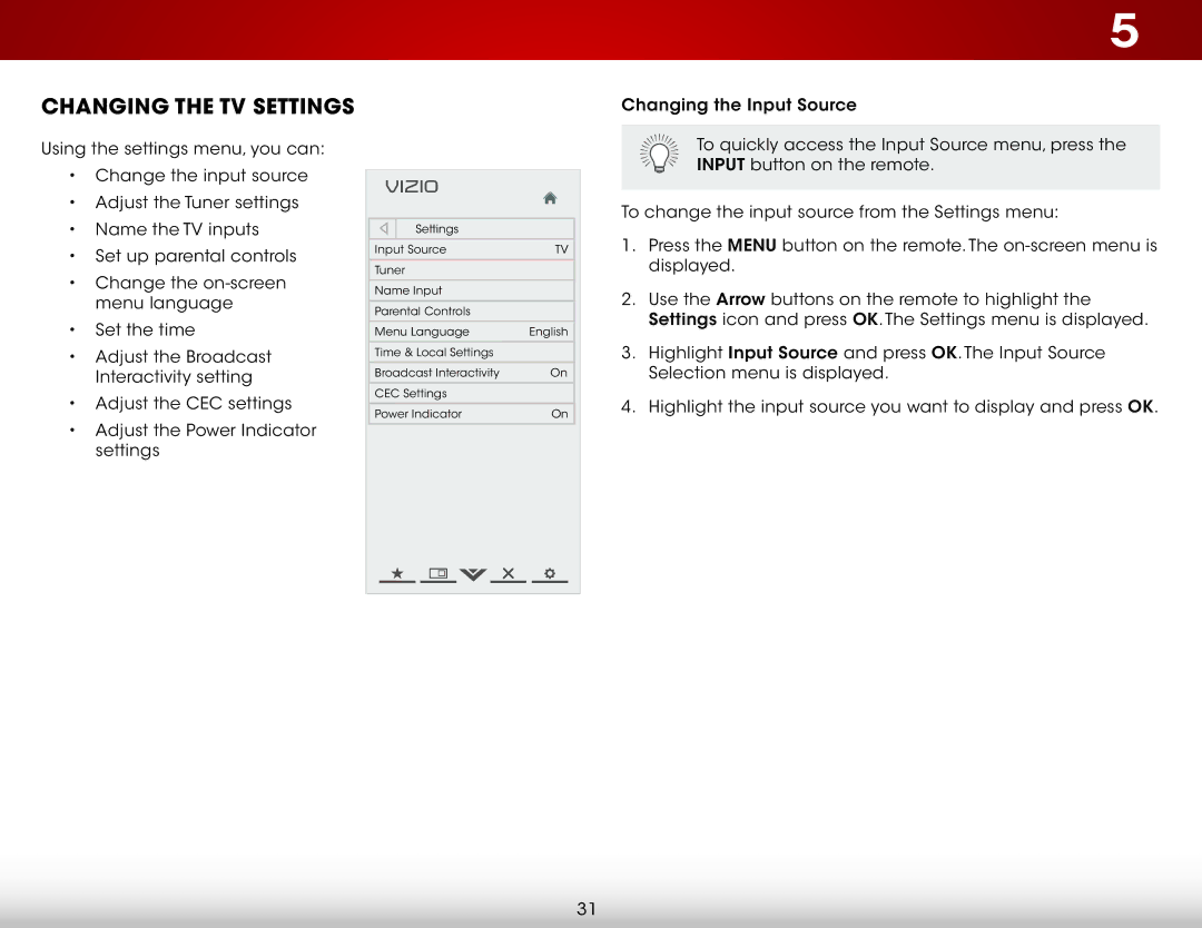 Vizio E650I-A2, E650IA2 user manual Changing the TV Settings 