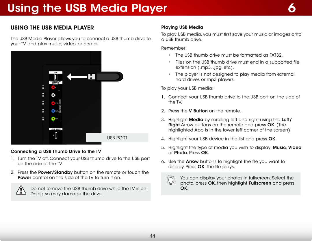 Vizio E650IA2, E650I-A2 user manual Using the USB Media Player, USB Port 