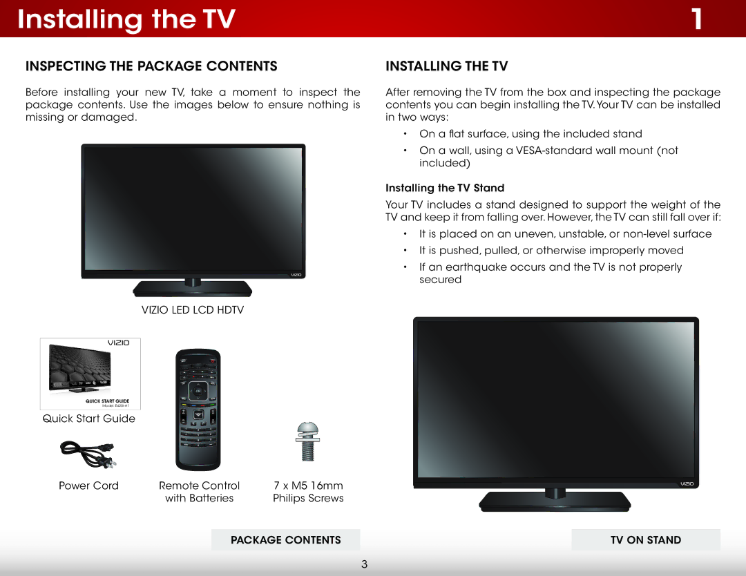 Vizio E650I-A2, E650IA2 user manual Installing the TV, Inspecting the Package Contents 