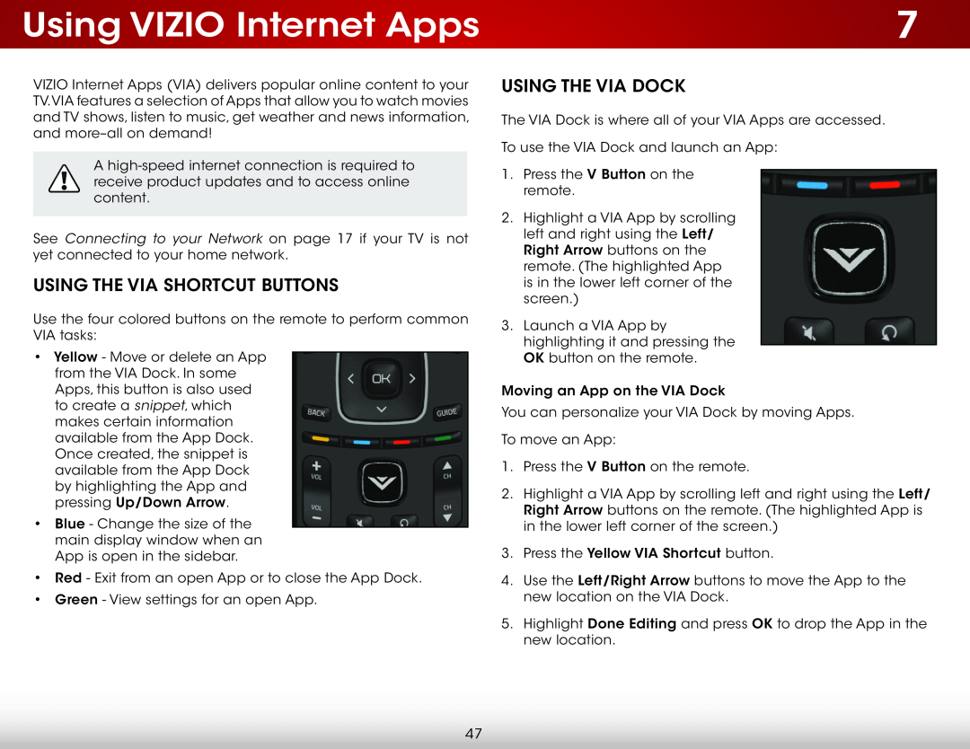 Vizio E650I-A2, E650IA2 user manual Using VIZIO Internet Apps, Using the VIA Shortcut Buttons, Using the VIA Dock 