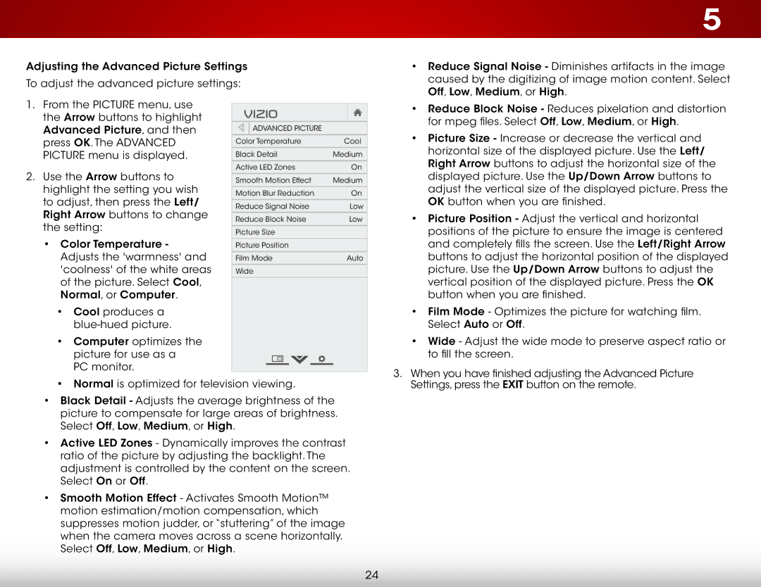 Vizio E700i-B3, E600i-B3 user manual Arrow buttons to highlight Advanced Picture, and then 
