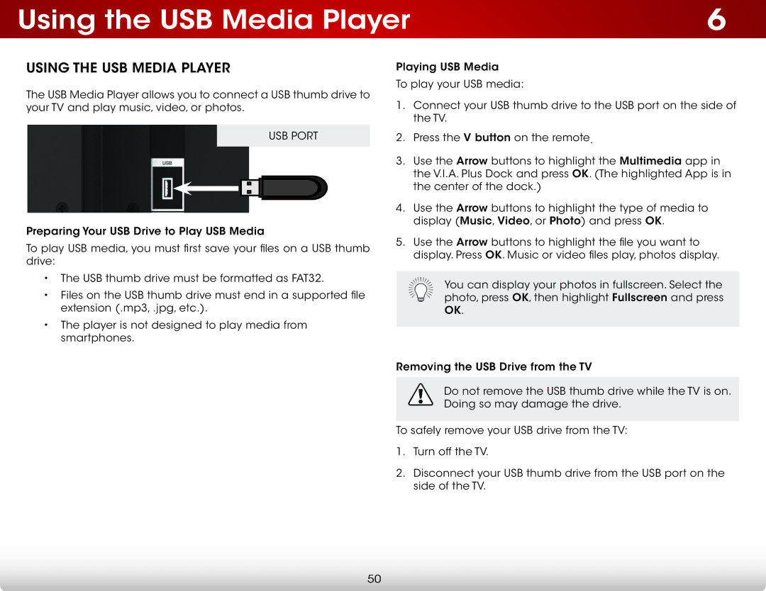 Vizio E700i-B3, E600i-B3 user manual Using the USB Media Player 