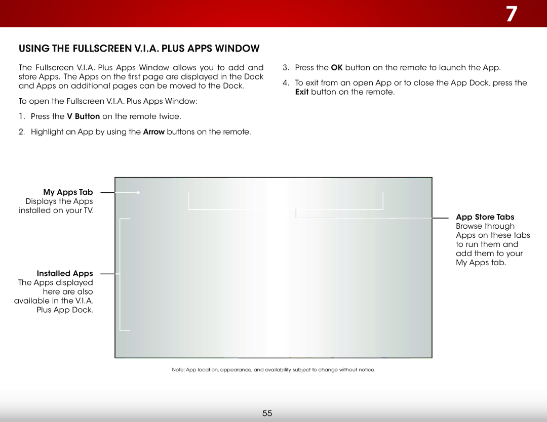 Vizio E600i-B3, E700i-B3 user manual Using the Fullscreen V.I.A. Plus Apps Window 