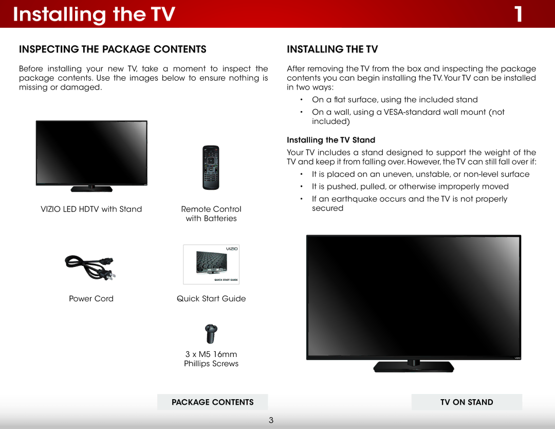 Vizio E600i-B3, E700i-B3 user manual Installing the TV, Inspecting the Package Contents 