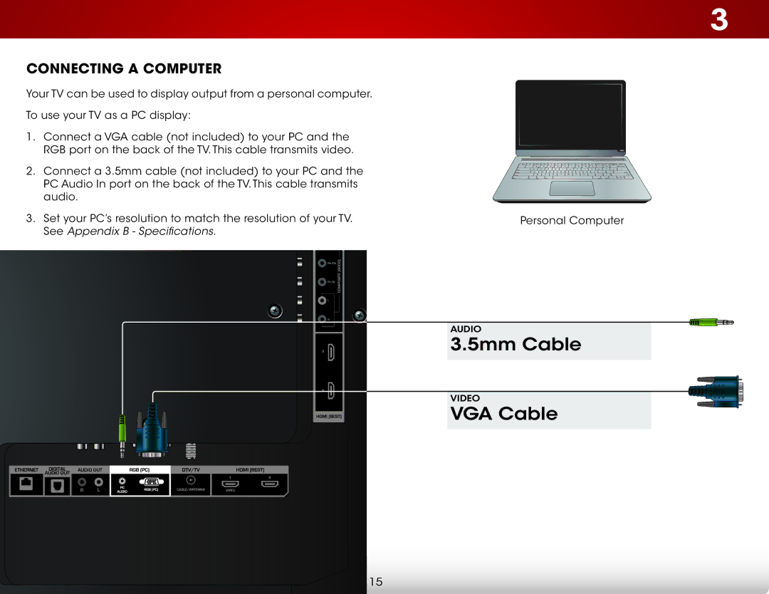 Vizio E601I-A3, E701i-A user manual VGA Cable, Connecting a Computer 