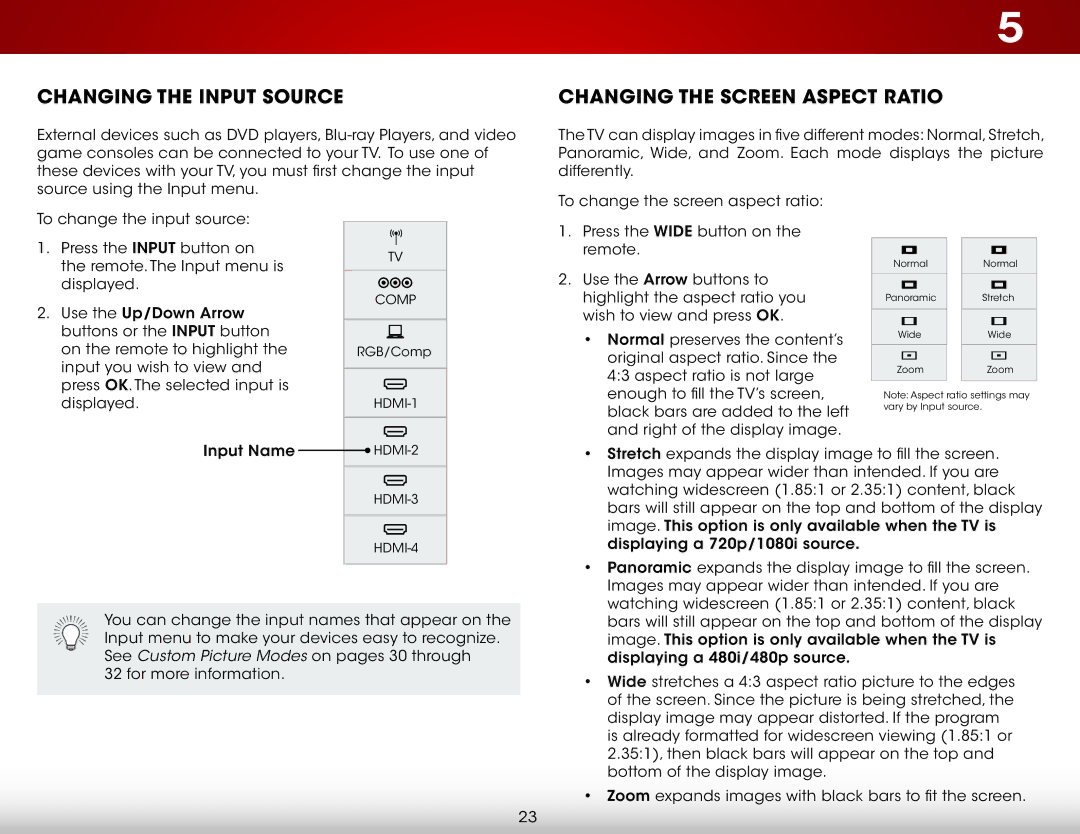 Vizio E601I-A3, E701i-A user manual Changing the Input Source, Changing the Screen Aspect Ratio 