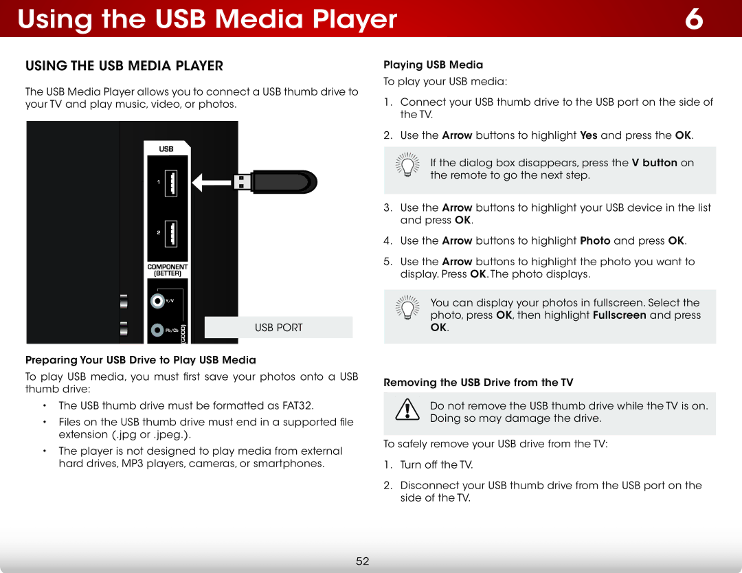 Vizio E701i-A, E601I-A3 user manual Using the USB Media Player, USB Port 