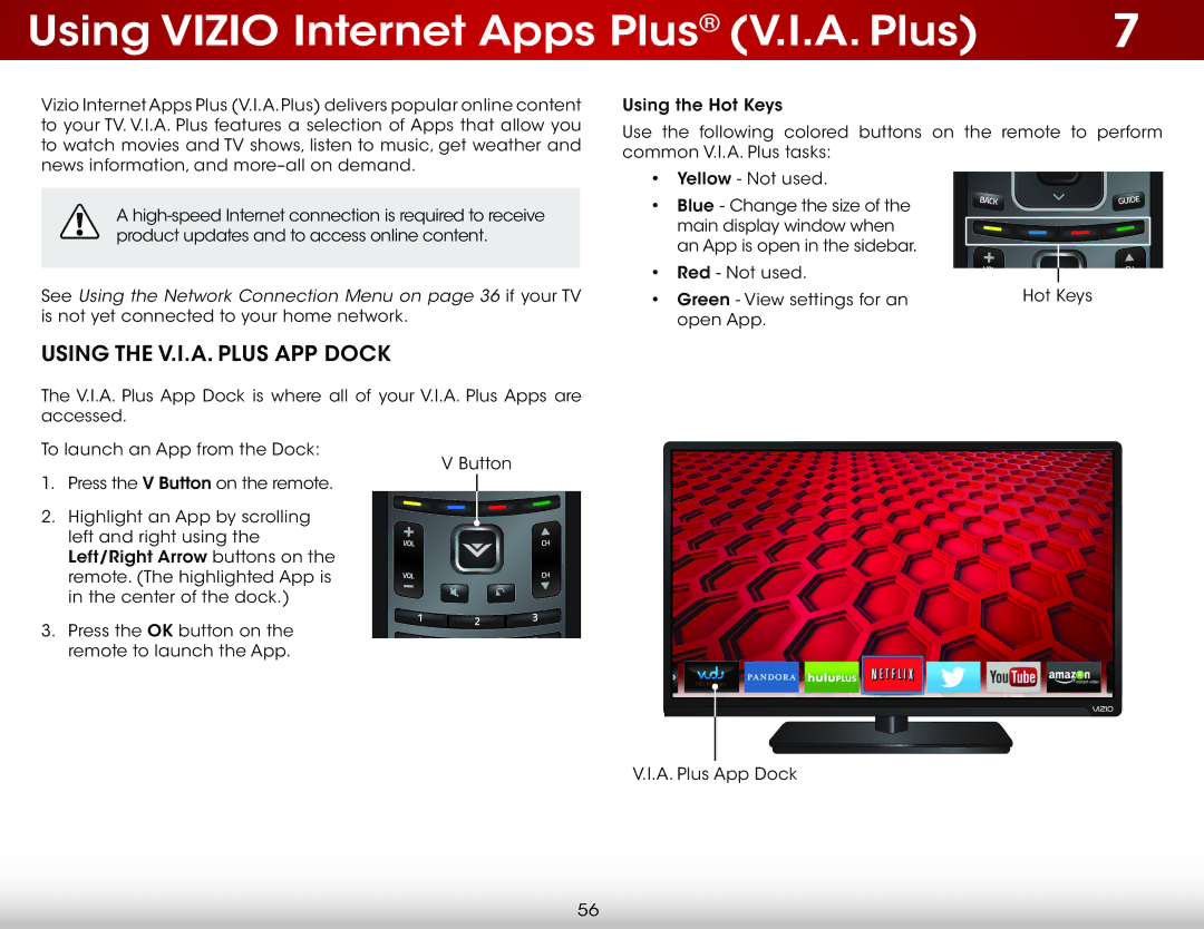 Vizio E701i-A, E601I-A3 user manual Using Vizio Internet Apps Plus V.I.A. Plus, Using the V.I.A. Plus App Dock 