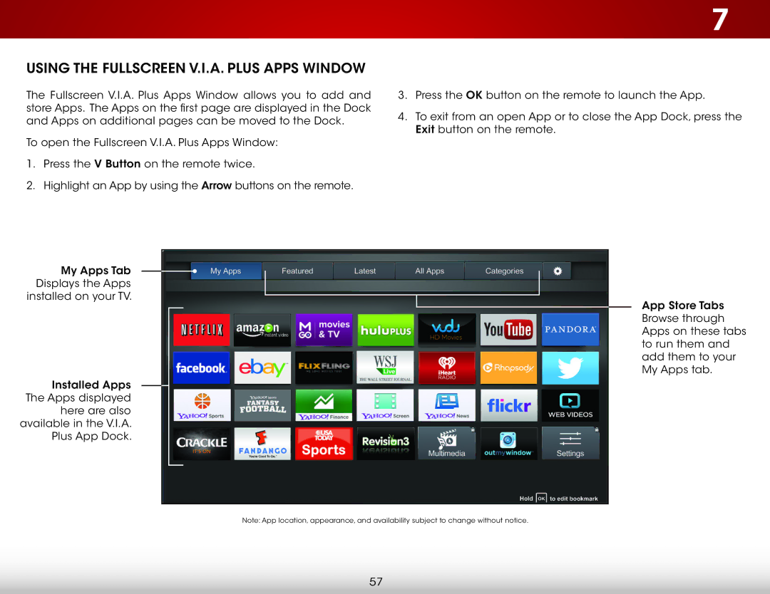 Vizio E601I-A3, E701i-A user manual Using the Fullscreen V.I.A. Plus Apps Window 