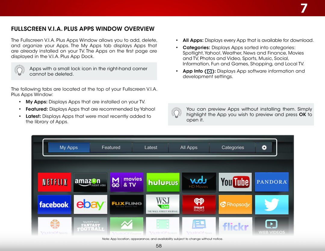 Vizio E701i-A, E601I-A3 user manual Fullscreen V.I.A. Plus Apps Window Overview 