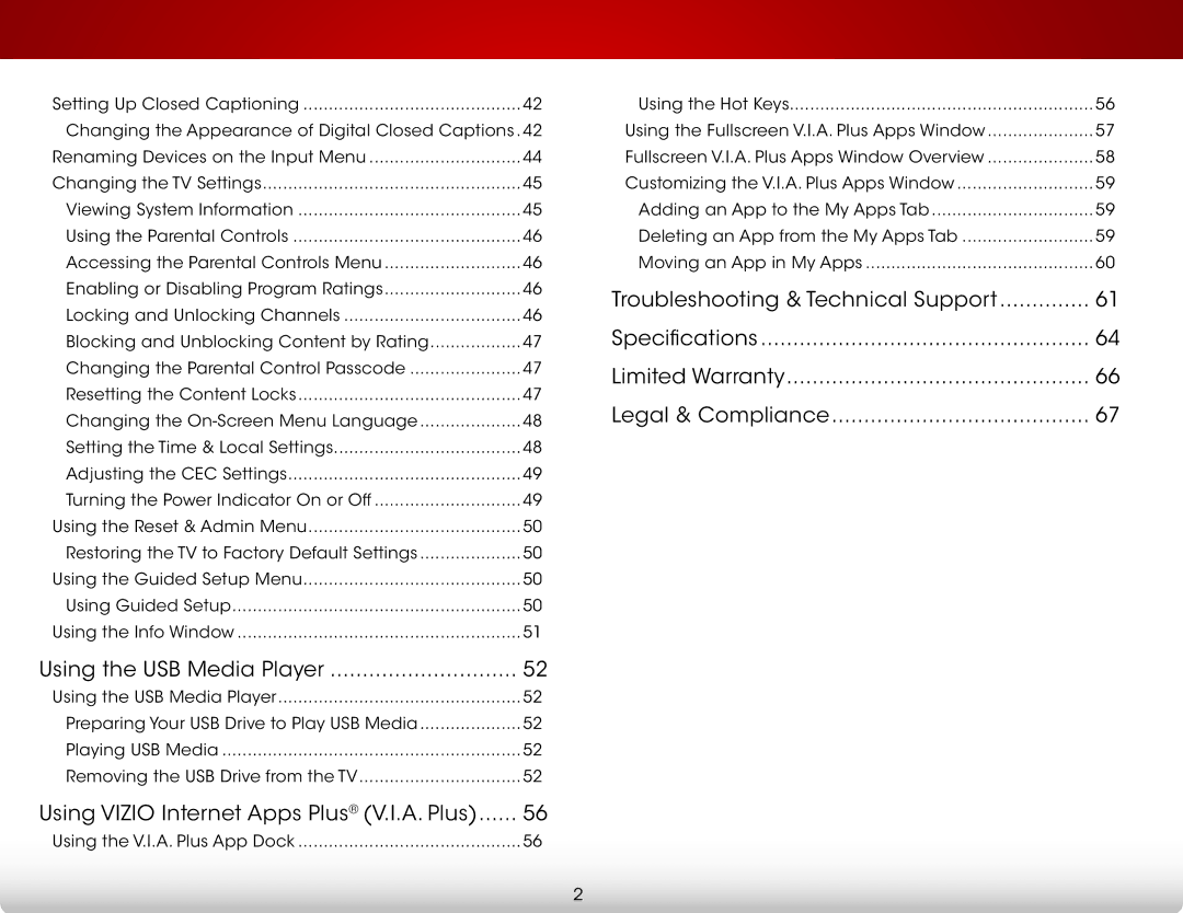 Vizio E701i-A, E601I-A3 user manual Using the USB Media Player, Using Vizio Internet Apps Plus V.I.A. Plus 