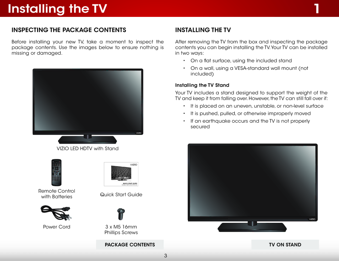 Vizio E601I-A3, E701i-A user manual Installing the TV, Inspecting the Package Contents 