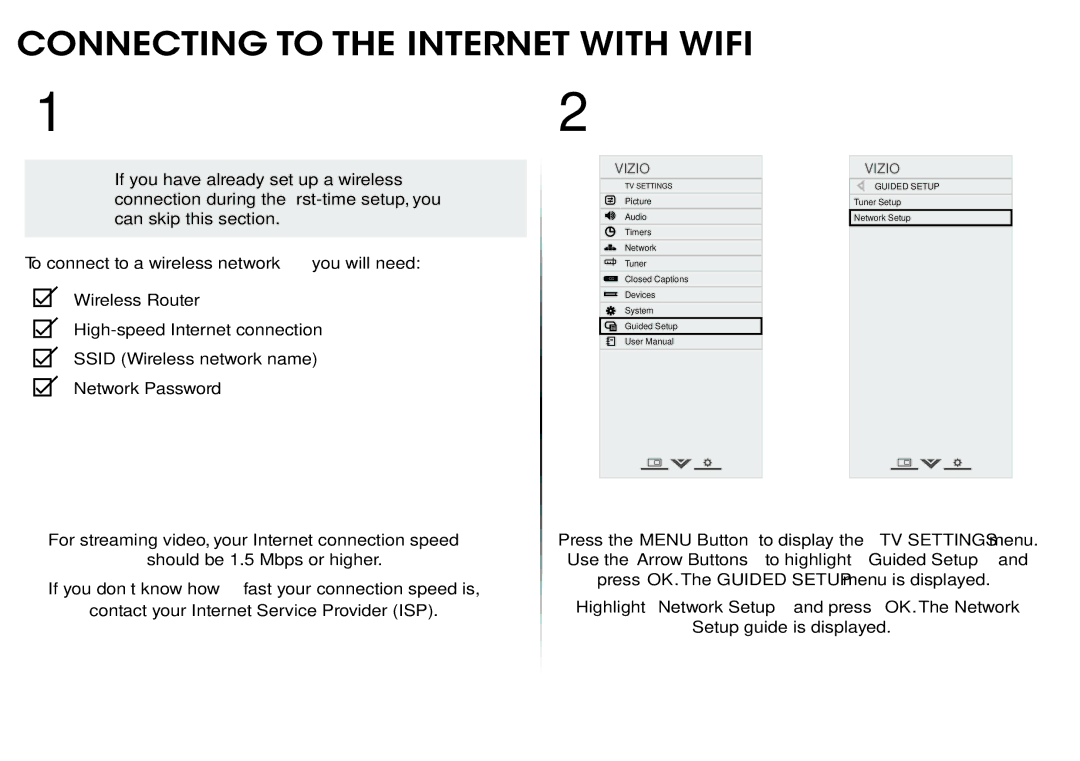 Vizio E701I-A3, E601I-A3 quick start Connecting to the Internet with Wifi, Vizio 