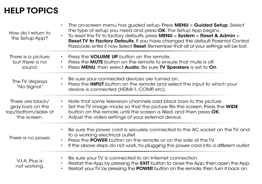 Vizio E701I-A3, E601I-A3 quick start Help Topics 