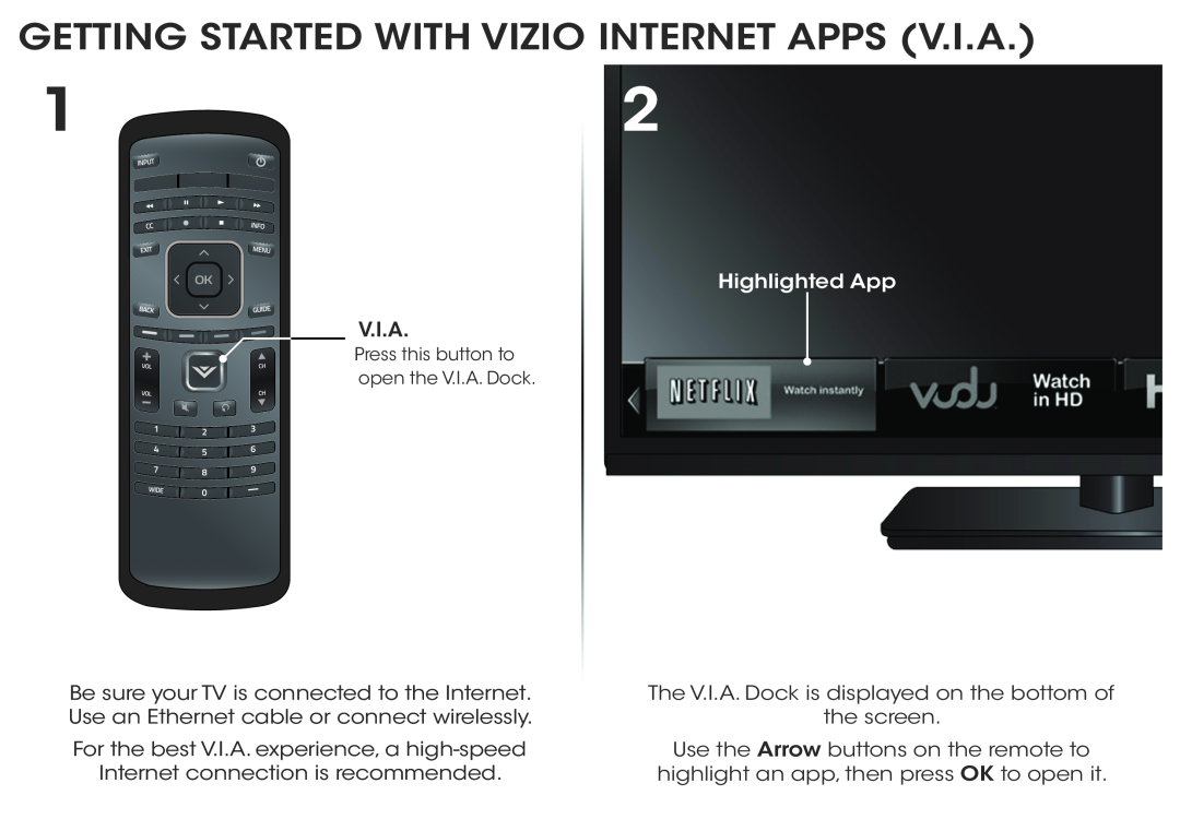 Vizio E701I-A3 Getting Started With Vizio Internet Apps V.I.A, The V.I.A. Dock is displayed on the bottom of the screen 