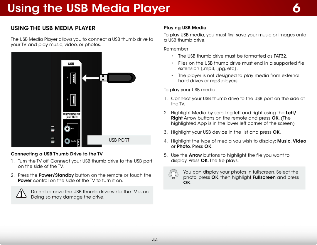 Vizio E701I-A3, E701IA3, E601IA3B, E601I-A3 user manual Using the USB Media Player, USB Port 