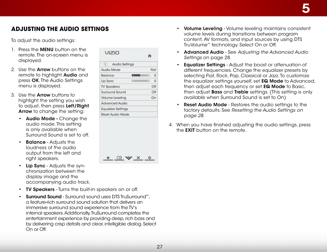 Vizio E707I-A3E user manual Adjusting the Audio Settings, Advanced Audio See Adjusting the Advanced Audio 