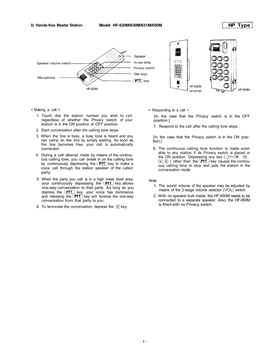 Vizio EXES-6000 CP-64 operating instructions Hands-free Master Station Model HF-620M/630M/631M/650M 