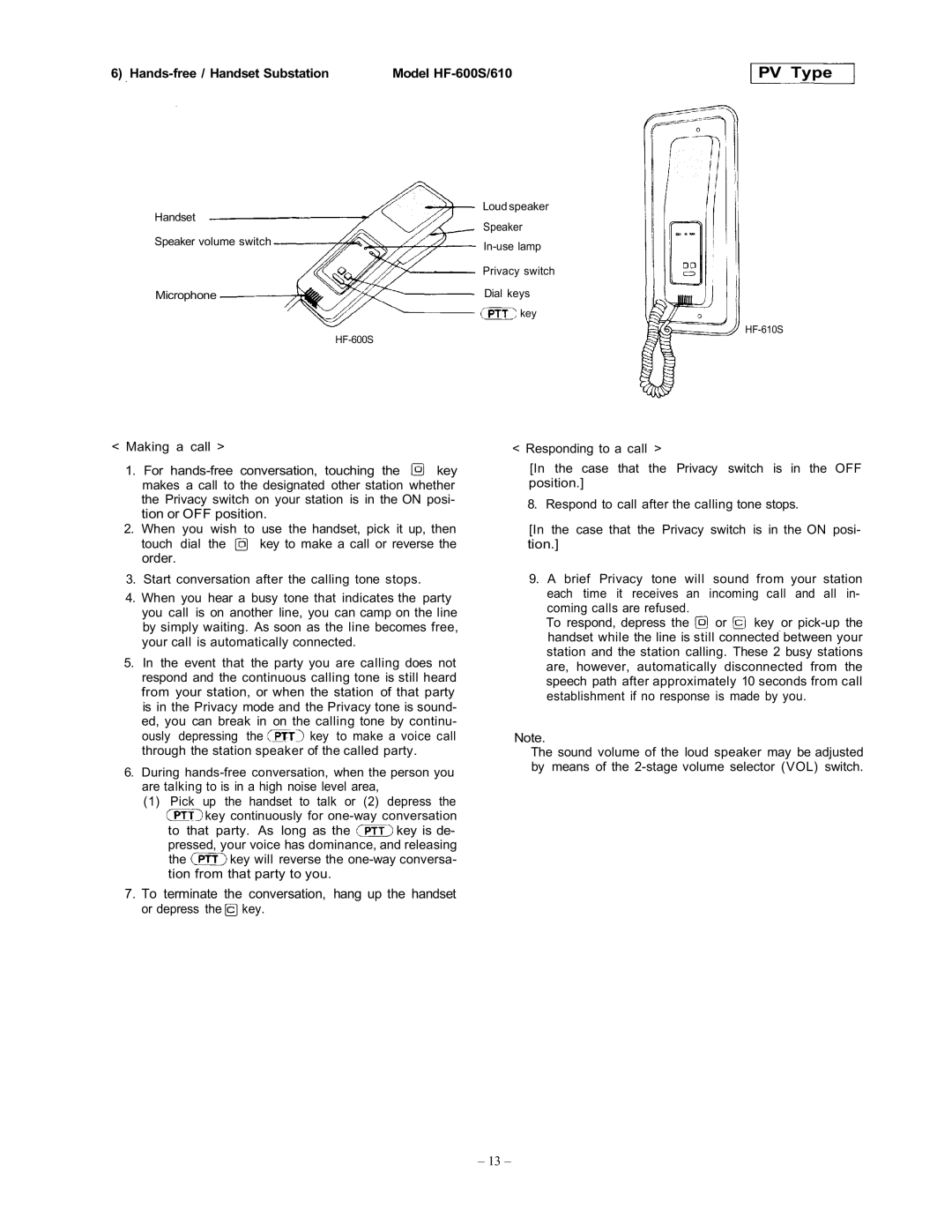 Vizio EXES-6000 CP-64 operating instructions Hands-free / Handset Substation Model HF-600S/610 