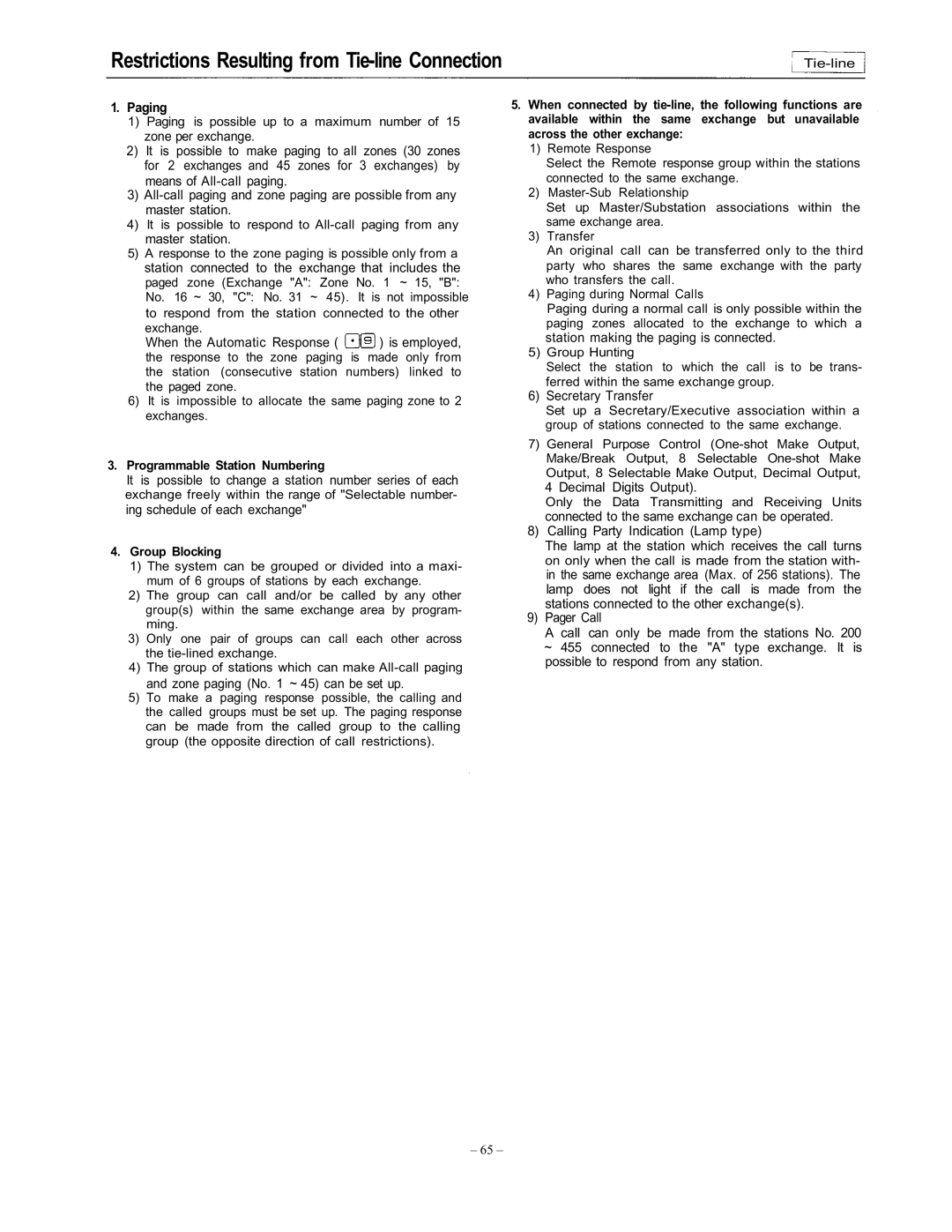 Vizio EXES-6000 CP-64 operating instructions Restrictions Resulting from Tie-line Connection, Group Blocking 