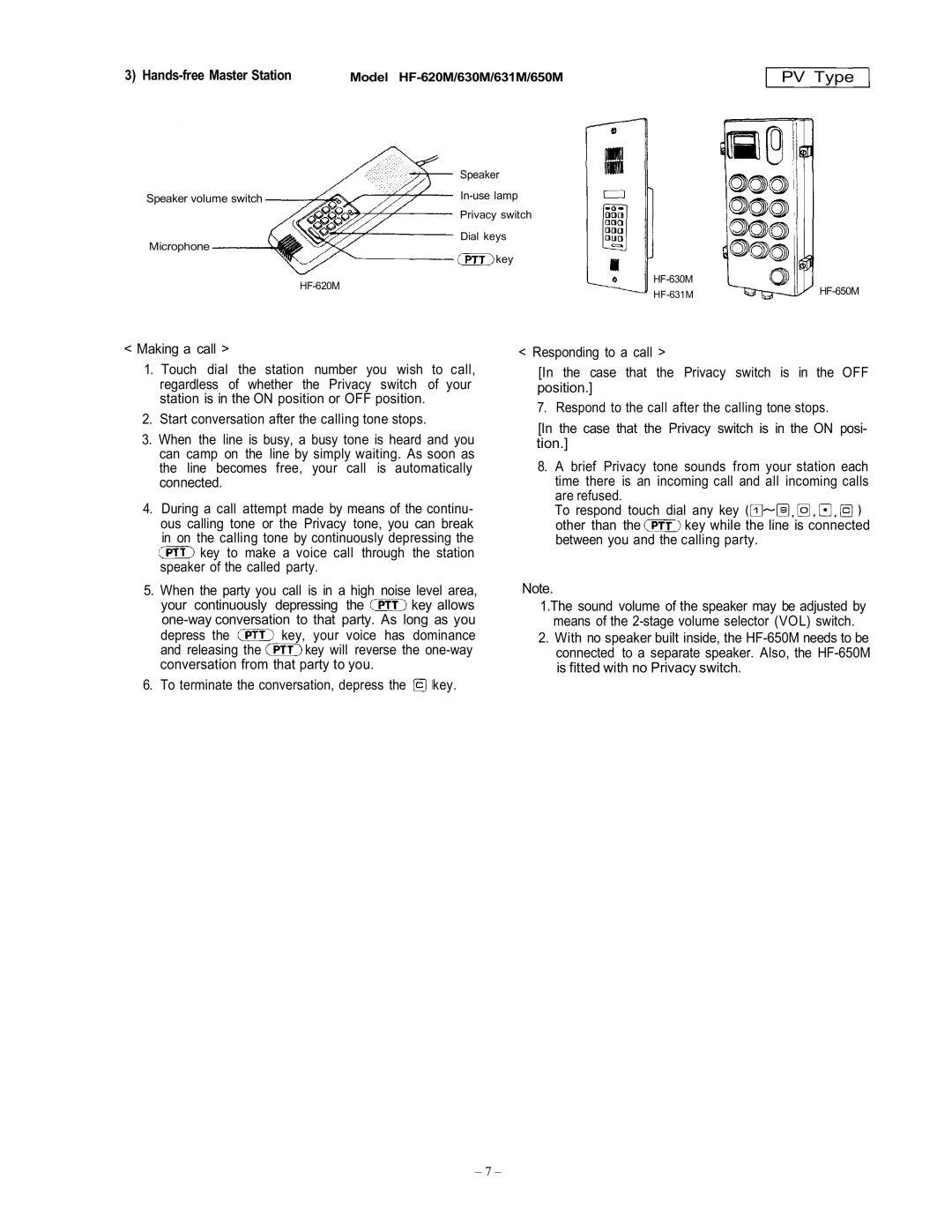 Vizio EXES-6000 CP-64 operating instructions PV Type, Model HF-620M/630M/631M/650M 