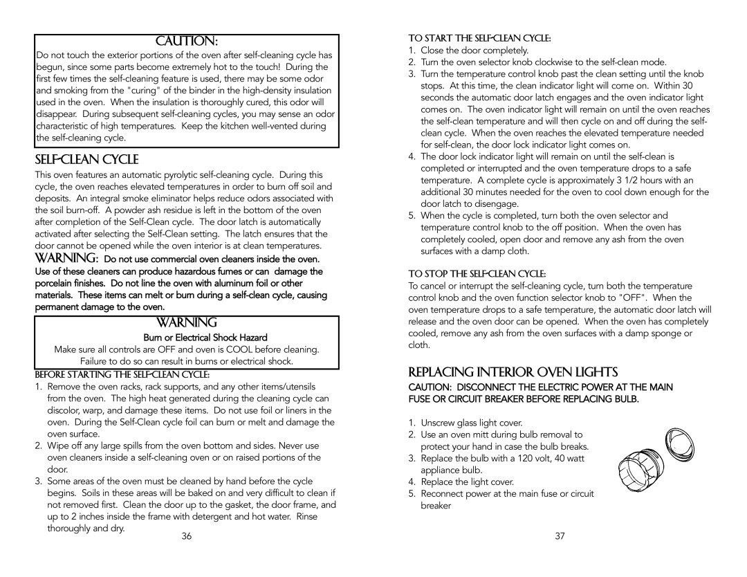 Vizio F20024B specifications Self-Clean Cycle, Replacing Interior Oven Lights 