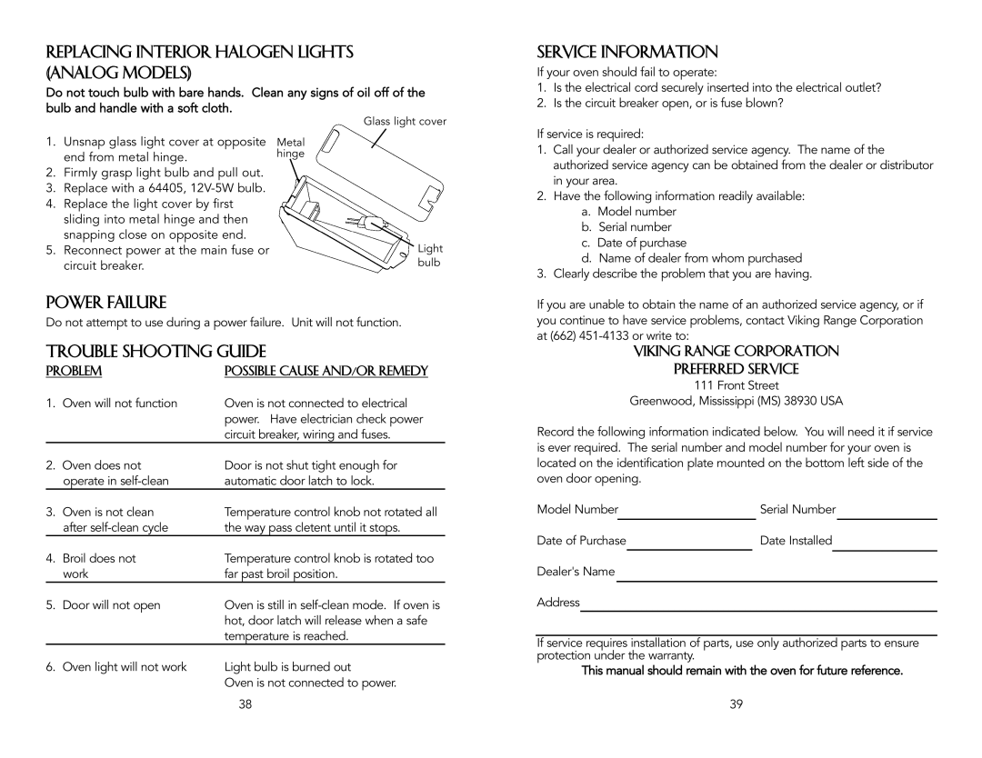 Vizio F20024B specifications Replacing Interior Halogen Lights Analog Models, Service Information, Power Failure 