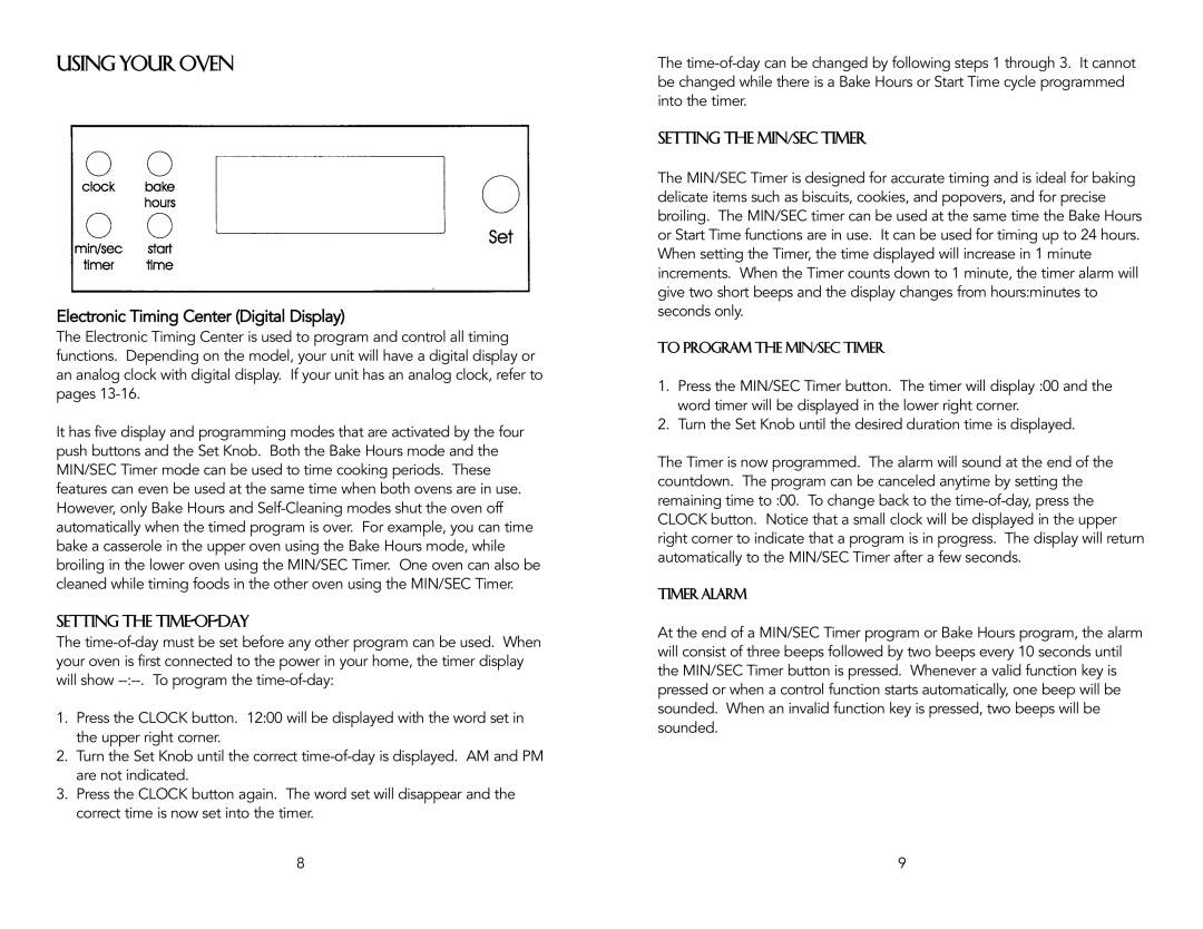 Vizio F20024B specifications Using Your Oven, Setting the Time-of-Day, Setting the MIN/SEC Timer 