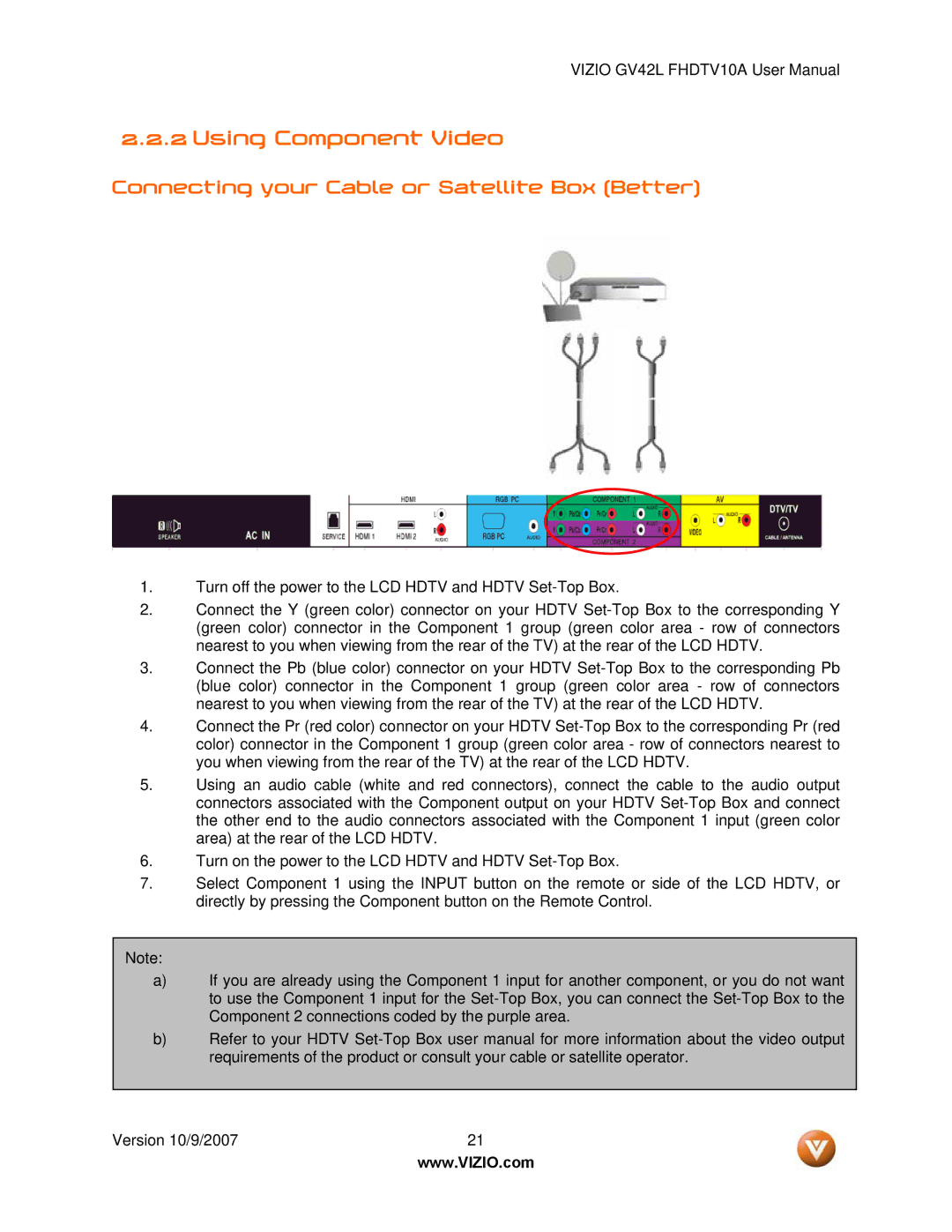 Vizio GV42L FHDTV10A manual Using Component Video, Connecting your Cable or Satellite Box Better 