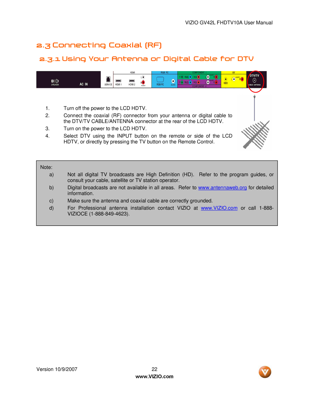 Vizio GV42L FHDTV10A manual Connecting Coaxial RF, Using Your Antenna or Digital Cable for DTV 