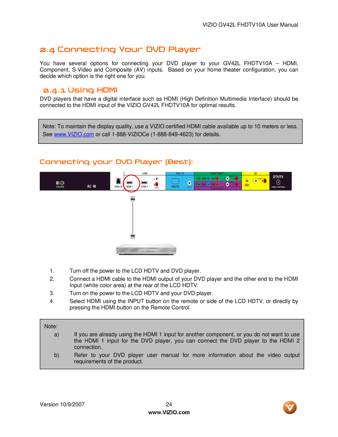 Vizio GV42L FHDTV10A manual Connecting Your DVD Player, Connecting your DVD Player Best 