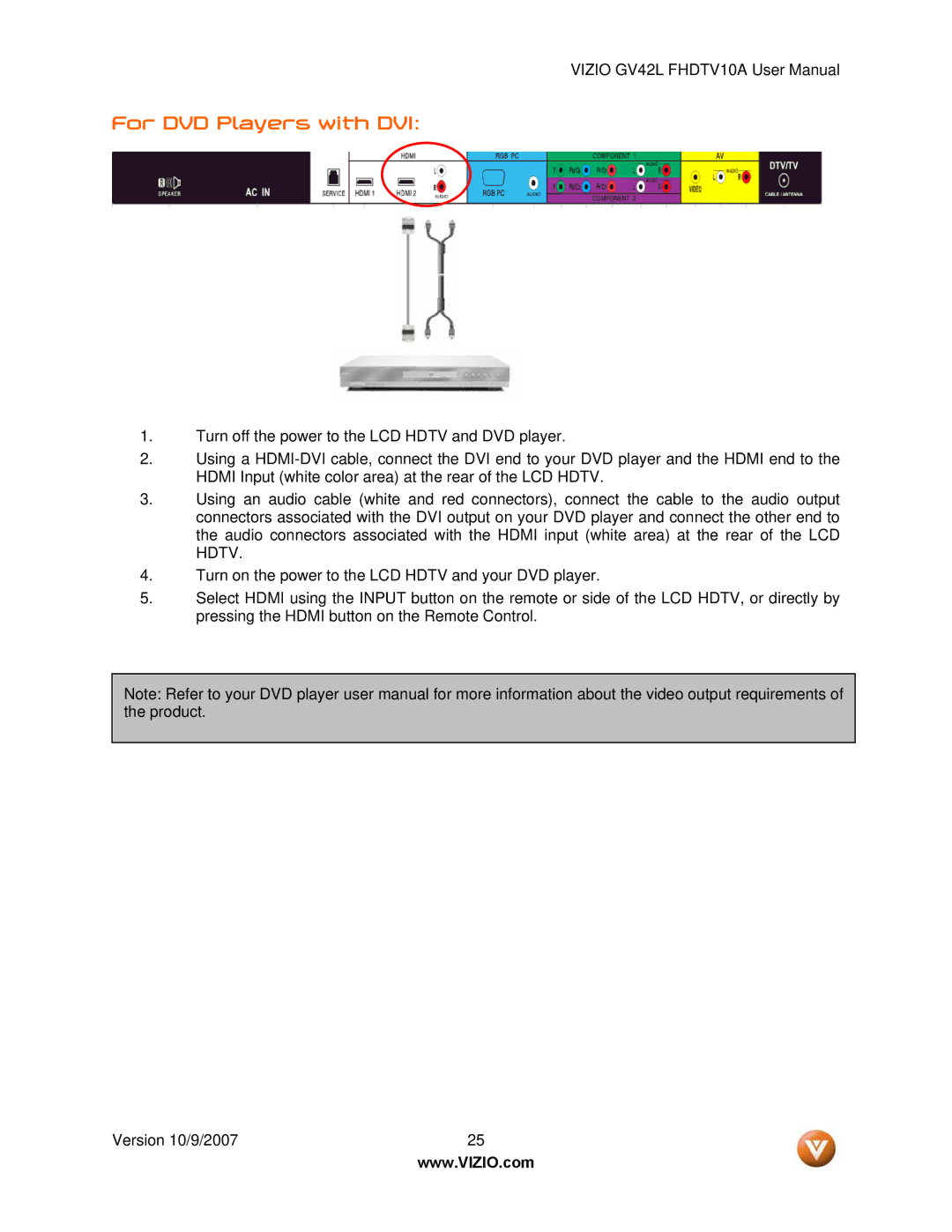 Vizio GV42L FHDTV10A manual For DVD Players with DVI 