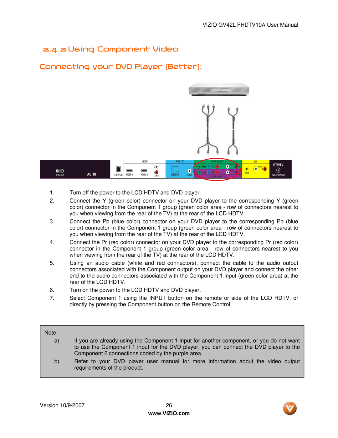 Vizio GV42L FHDTV10A manual Using Component Video, Connecting your DVD Player Better 