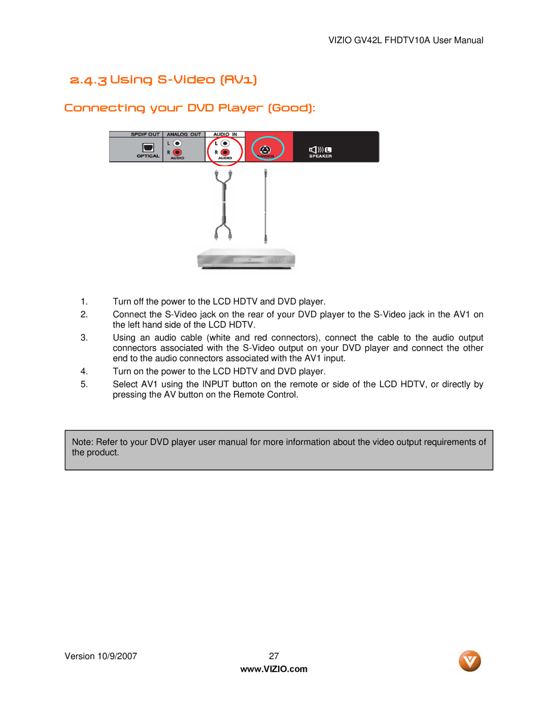 Vizio GV42L FHDTV10A manual Using S-Video AV1, Connecting your DVD Player Good 