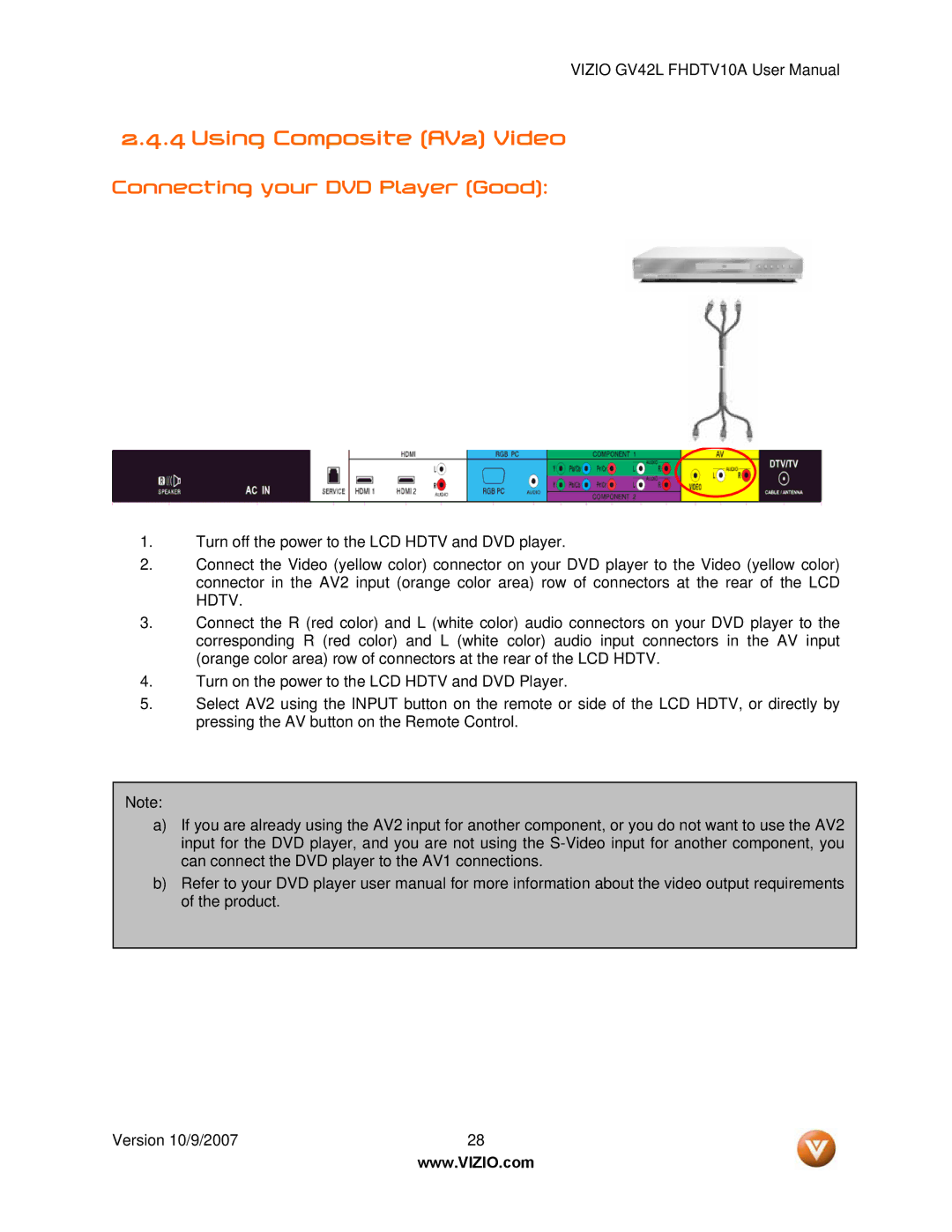 Vizio GV42L FHDTV10A manual Using Composite AV2 Video 