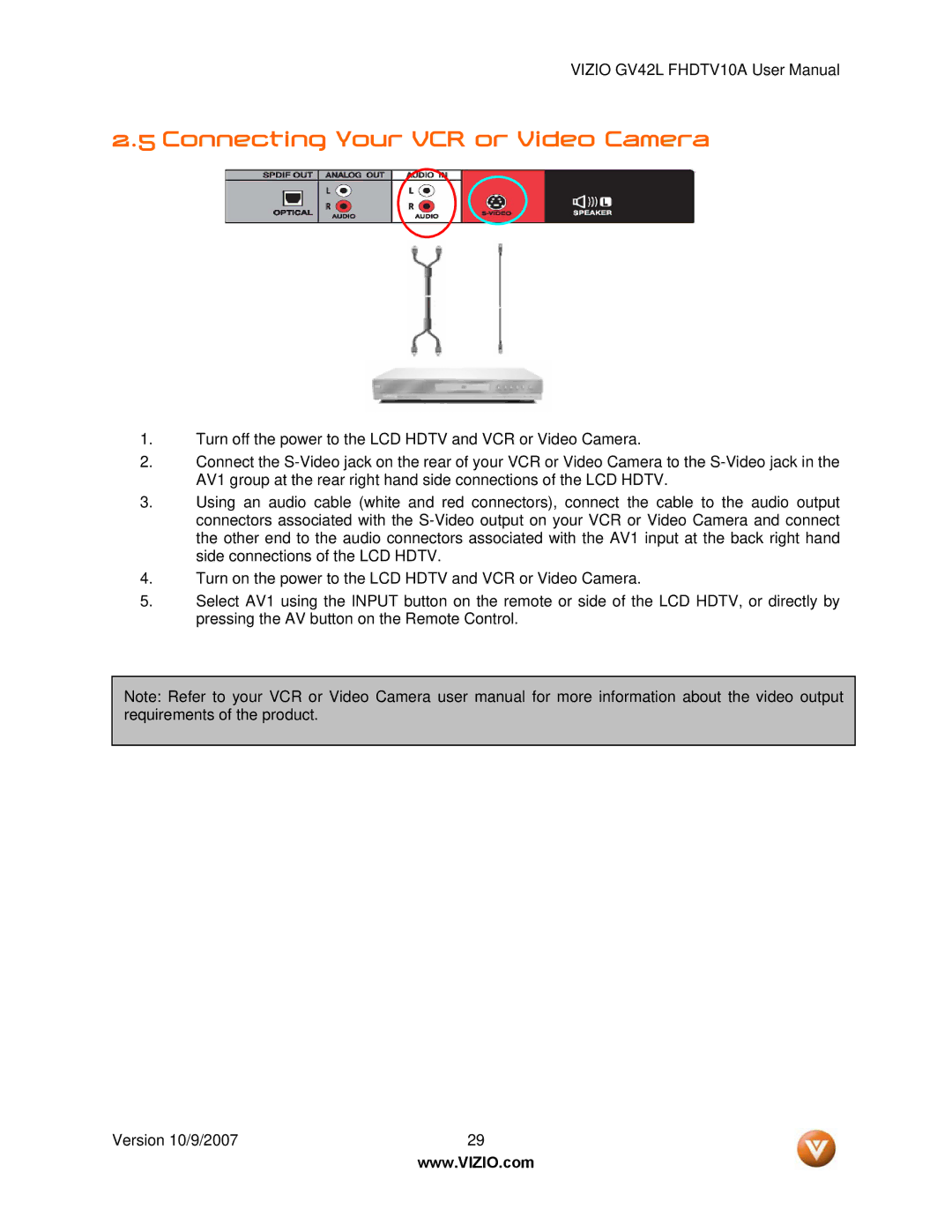 Vizio GV42L FHDTV10A manual Connecting Your VCR or Video Camera 